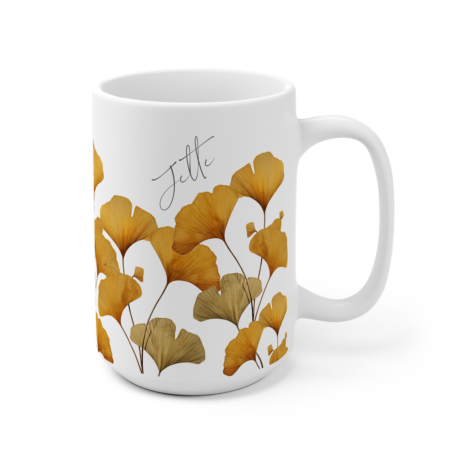 Personalisierte Aquarelltasse mit gelben Ginkgo Blättern - Frontansicht mit Name XXL Tasse 440 ml