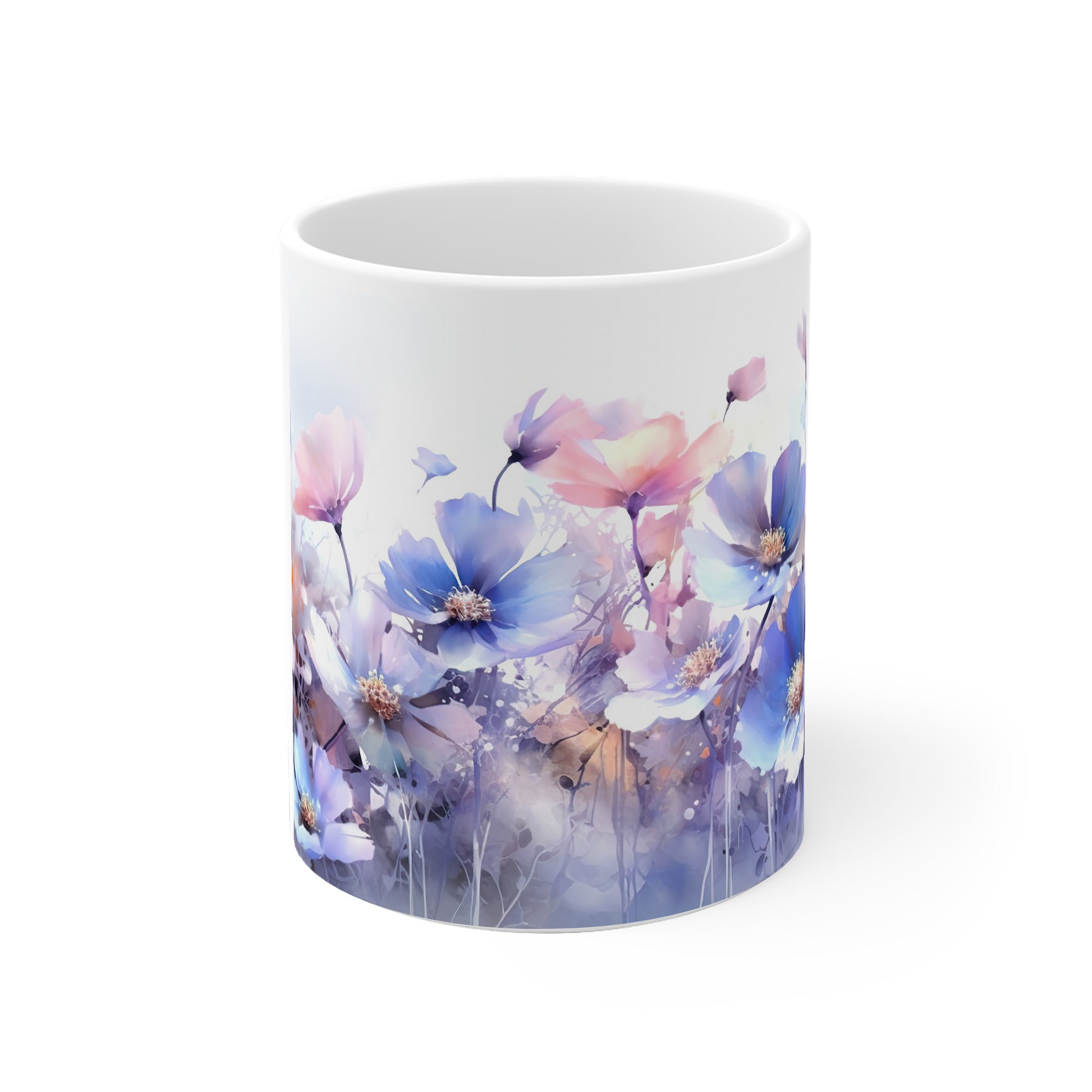 Personalisierte Aquarelltasse mit lila Wildblumenwiese - Stirnseite kleine Tasse 330 ml