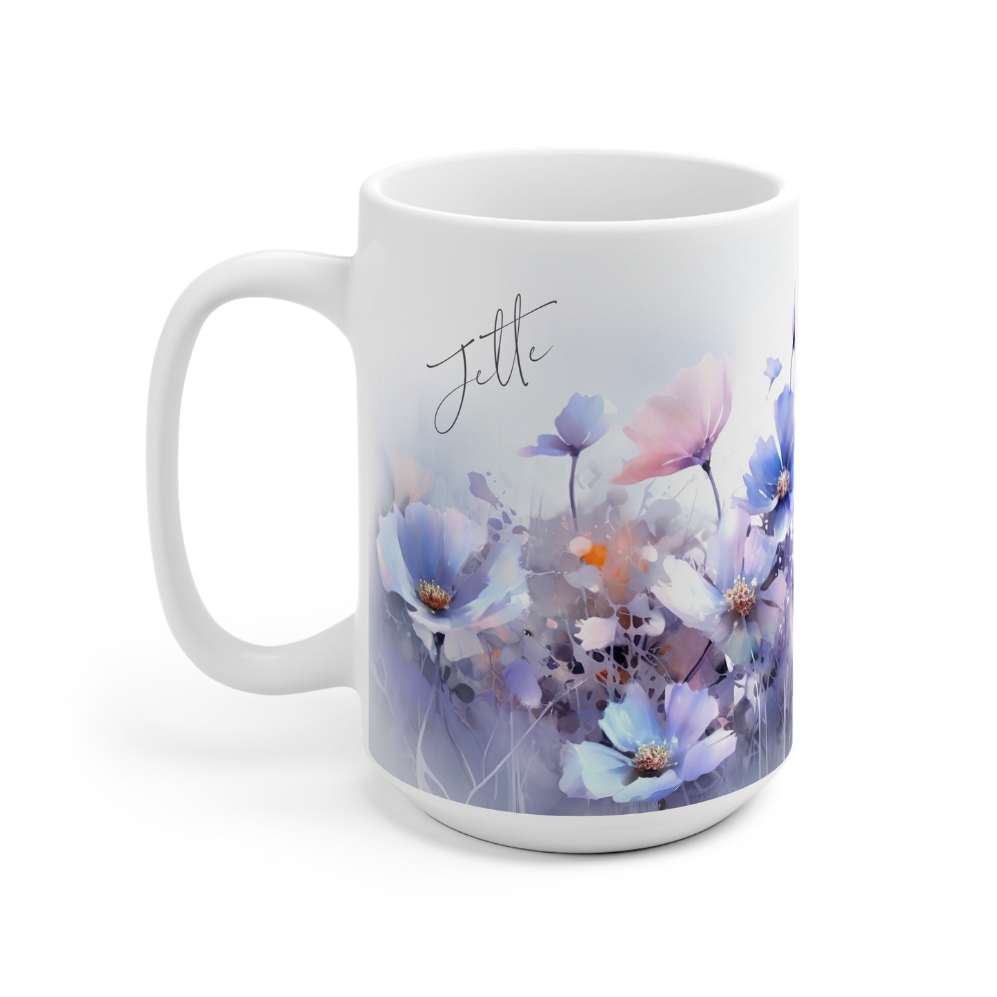 Personalisierte Aquarelltasse mit lila Wildblumenwiese - Frontansicht mit Name XXL Tasse 440 ml