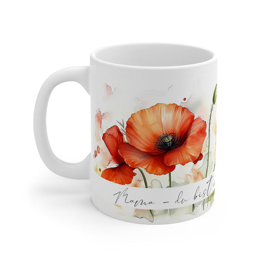 Keramiktasse mit roten Mohnblumen im Aquarellstil und personalisierter Widmung – emotionales Geschenk zum Muttertag.