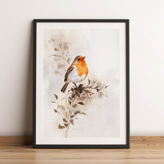 Rotkehlchen mit orangefarbener Brust auf zartem Zweig in Aquarell – Giclée FineArt Print auf Hahnemühle Museum Etching – klassisch, ruhig, stimmungsvoll.