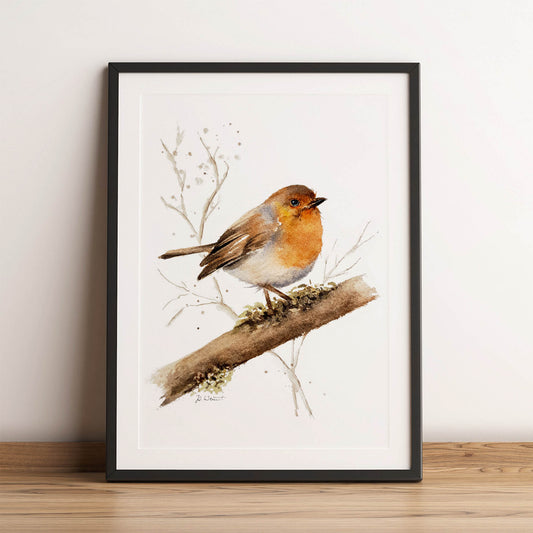 Rotkehlchen auf einem Ast in Aquarellmalerei, Giclée-Druck auf hochwertigem FineArt Papier. Perfektes Geschenk für Vogelliebhaber:innen.