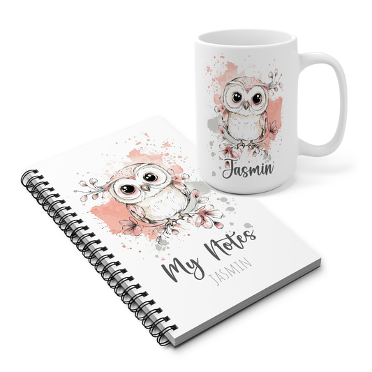 Modernes Geschenkset mit rosa-grauer Aquarell-Eule – Tasse & Notizbuch personalisiert mit Name, Geschenkidee für Teenager, Schüler:innen oder Lehrer:innen