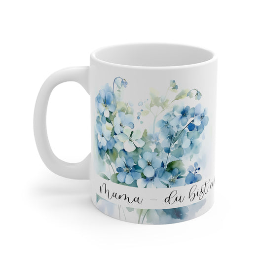 Aquarelltasse mit frischen Wildblumen und personalisierter Widmung – ideales Geschenk zum Muttertag oder als Dankeschön.